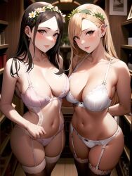 2girls ai_generated ai_mirror belly_button blonde_hair blush brown_eyes brown_hair cupboard earrings flowers_in_hair lingerie long_hair looking_at_viewer medium_breasts pink_lingerie smile standing stockings together white_lingerie white_skin