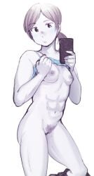 1girls abs bottomless breakfastb breakfastbooty breasts holding_phone muscular_female ponytail selfie shirt_lift taking_picture taking_selfie wii_fit wii_fit_trainer