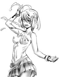 1girls blush bow_(artist) bow_(bhp) breasts bukkake copyright_request cum female female_only monochrome nipples ribs short_hair short_twintails skirt solo tied_hair topless twintails