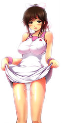 breasts brown_hair erect_nipples female female_only hair_ribbon human kashi large_breasts legs long_hair love_plus panties pantyshot pussy pussy_juice ribbon saliva skirt skirt_lift sleeveless solo sportswear takane_manaka tennis_uniform underwear wristband