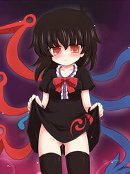 black_hair black_legwear black_thighhighs dress dress_lift no_panties nue_houjuu pussy_juice red_eyes ry short_hair snake solo thighhighs touhou wings