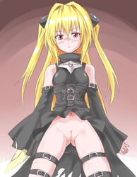 blonde_hair blush bottomless detached_sleeves female golden_darkness konjiki_no_yami long_hair looking_at_viewer navel no_panties pussy rayphenos red_eyes shounen_jump thigh_strap tied_hair to_love-ru twintails uncensored