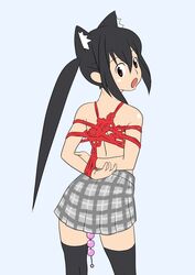 anal_beads arms_behind_back azusa_nakano_(k-on!) black_hair bondage box_tie brown_eyes female female_only human human_only k-on! long_hair omeyokan plaid plaid_skirt rope school_uniform skirt solo tartan thighhighs tied_hair topless twintails