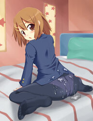 ass bed blazer blush brown_eyes brown_hair cum cum_on_ass cum_on_body cum_on_clothes cum_on_lower_body feet female female_only highres human human_only k-on! looking_back no_pants no_shoes no_skirt panties panties_under_pantyhose pantyhose school_uniform short_hair sitting soles solo towamin underwear wariza yui_hirasawa_(k-on!)