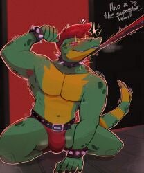 1boy 1male 2024 anthro anthro_focus anthro_only anthro_solo belt bracelet bracelets bulge claws collar collar_and_leash crocodile crocodilian crocodylid detailed_background digital_drawing_(artwork) digital_media_(artwork) english english_text fangs five_nights_at_freddy's five_nights_at_freddy's:_security_breach flaccid flexing flexing_arm flexing_bicep glasses hair kneeling kneeling_on_ground leash leash_and_collar leash_pull leashed_collar male male_anthro male_focus male_only mohawk mohawk_(hairstyle) montgomery_gator_(fnaf) mostly_nude mr_yus navel partially_clothed partially_clothed_male pecs petplay scottgames sharp_teeth smile smiley_face smiling solo solo_anthro solo_focus solo_in_panel solo_male spiked_bracelet spiked_collar star_glasses steel_wool_studios studded_belt submissive submissive_male sunglasses tail text underwear