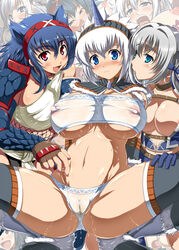 2009 akino_hamo animal_ears areolae asuru azul_(armor) black_hair blue_eyes breasts cameltoe capcom cleavage color erect_nipples female hairband horn horns huge_breasts hunter_(monster_hunter) kirin_(armor) monster_hunter monster_hunter_freedom_unite monster_hunter_frontier multiple_girls nargacuga_(armor) panties pussy pussy_juice red_eyes see-through spread_legs straight_hair sweat thighhighs uncensored underboob wet_panties white_hair white_panties yuri