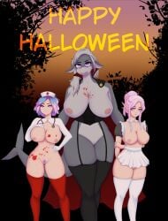 3girls anthro blood elf falara_amastracia halloween halloween_costume human maid_outfit multiple_girls nurse_cap pubic_hair purple_hair reeli revy_(ultimaxeno) rikka_(ultimaxeno) shark shark_girl vampire_costume