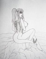 anthro female from_behind long_hair lugia on_rock pokemon pokemon_(species) raver1357 solo traditional_media traditional_media_(artwork)