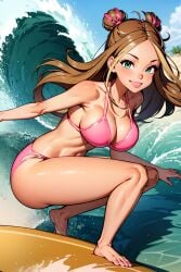 4kids_entertainment ai_generated bikini flora_(winx_club) nickelodeon pink_bikini rainbow_(animation_studio) smiling smiling_at_viewer surfing wave winx_club