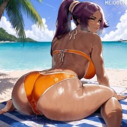 1girls ai_generated all_fours arm_support ass ass_focus barefoot beach bent_over bikini bikini_bottom bikini_top bleach bleach:_the_thousand-year_blood_war bottom_heavy brown_skin bubble_ass bubble_butt dark-skinned_female dark_skin day feet feet_out_of_frame female female_focus from_behind huge_ass kneeling looking_at_viewer looking_back meiogun nai_diffusion outdoors purple_hair rear_view seaside shihouin_yoruichi solo stable_diffusion sunlight thiccwithaq_(ai_style) thick_ass voluptuous water watermark yellow_eyes