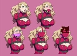 ann_takamaki arms_tied_behind_back atlus ball_gag big_ball_gag big_breasts blindfold blindfolded blonde_female bondage boob_window boobs bound_and_gagged cleavage cleavage_cutout cloth_gag clothing facewear female gag gag_sequence gagged human jam-orbital large_breasts latex latex_bodysuit mask muzzled over_the_mouth_gag pale_skin persona persona_5 phantom_thief_suit red_ball_gag twintails zipper