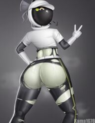 1girl ass ass_focus astronaut astronaut_helmet astronaut_suit big_ass female_focus female_only glitch_productions kama1678 latex latex_pants murder_drones only_female peace_sign suit tessa_elliot tessa_elliot_(space_suit) torn_latex torn_pants wet_skin