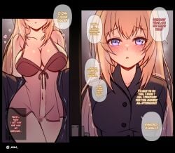 ayanokouji_kiyotaka big_breasts blonde_hair blush blushing_at_viewer breasts censored classroom_of_the_elite ichinose_honami_(cote) niui pov purple_eyes seductive_eyes seductive_look slutty_outfit underwear youkoso_jitsuryoku_shijou_shugi_no_kyoushitsu_e