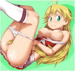 1girls 2d ass bare_shoulders blonde_hair breasts censored cheerleader green_eyes hoshii_miki idolmaster kneehighs long_hair panties panty_pull pussy smile solo ttomm underwear white_panties