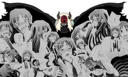 blush cape collage cum cutout highres horns human human_only k-on! mask mio_akiyama_(k-on!) monochrome necktie nude sawako_yamanaka_(k-on!) striped striped_legwear striped_thighhighs thighhighs warabi_(artist) warabi_yuuzou