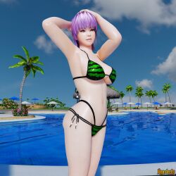 1girls alluring ayane_(doa) bare_legs big_breasts bikini cleavage dead_or_alive dead_or_alive_xtreme_beach_volleyball female hypster83 kunoichi lavender_hair red_eyes short_hair silf solo swimming_pool tecmo watermelon_bikini