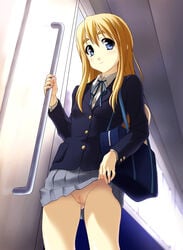 1girls bag blonde_hair blue_eyes blush book_bag bottomless_skirt exhibitionism female female_only flat_chest human human_only k-on! long_hair no_panties norizou_type-r pointy_chin public pussy school_uniform skirt skirt_lift smile solo train train_interior tsumugi_kotobuki_(k-on!) uncensored upskirt