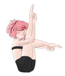 1female 1girls barefoot blush blushing breasts clothed doki_doki_literature_club emiillb feet feet_up female girl hair_ribbon leg_lift leg_up legs looking_at_viewer natsuki_(doki_doki_literature_club) pink_eyes pink_hair smile solo stretch stretching toes white_background