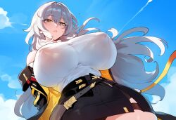 ai_generated from_below henrik_n honkai:_star_rail huge_breasts looking_at_viewer massive_breasts nipples_visible_through_clothing novelai skirt stelle_(honkai:_star_rail) thiccwithaq_(ai_style) thick_thighs wide_hips