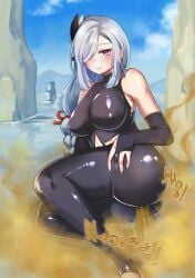 1girls artist_request ass big_ass big_breasts big_butt blue_eyes blush brap bubble_butt fart fart_cloud fart_fetish farting farts female female_focus female_only genshin_impact hand_on_hip hand_on_thigh huge_ass korean_text nail_polish pale-skinned_female shenhe_(genshin_impact) skintight skintight_bodysuit skintight_clothing stinky white_hair