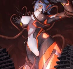 1girls 2024 big_breasts blue_hair blush breasts city female giantess green_eyes kaiju lactation natsukaze_shigure original_character short_hair skinsuit solo superheroine tagme tentacle tight_clothing