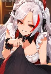 ai_generated azur_lane big_breasts boner_in_pants bons_ai erect_penis erection_under_clothes pov pov_eye_contact prinz_eugen_(azur_lane) teasing touching_penis