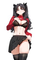 1girls ai_generated blue_eyes bra breasts brown_hair fate/stay_night fate_(series) female human lingerie panties skirt skirt_lift solo stockings thick_thighs thighhighs tohsaka_rin twintails type-moon undressing