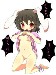 animal_ear barefoot breasts brown_hair bunny_ear dress dress_lift feet female navel nipples panties panties_around_leg panties_around_one_leg pussy red_eyes sasoribi-dekine short_hair solo tewi_inaba toes touhou translated underwear