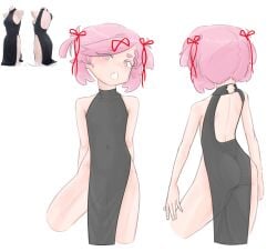 1female 1girls 5_fingers ass back back_view bare_arms behind_view black_dress butt clothes clothing clothing_cutout doki_doki_literature_club dress emiillb female flat_chest front_and_back front_view girl hair_ribbon legs modakawa_dress natsuki_(doki_doki_literature_club) navel no_panties no_underwear partially_see-through petite petite_body pink_eyes pink_hair red_ribbon reference_image revealing_clothes see-through see-through_clothing sleeveless tagme thighs white_background