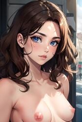 1girls ai_generated blue_eyes breasts brown_hair brunette_hair dazer exhibitionism exhibitionist freckles freckles_on_face looking_at_viewer nipples nude nude_female public public_nudity smile smiling street tagme