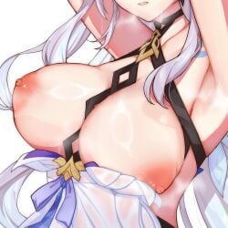 1girls armpits big_breasts breast_focus breasts breasts_out dress eyes_out_of_frame female female_only genshin_impact gumapaint head_out_of_frame highres huge_breasts large_breasts light-skinned_female long_hair nipples simple_background skirk_(genshin_impact) solo white_background white_dress white_hair