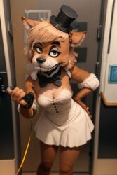 1girls ai_generated animatronic anthro blue_eyes breasts cleavage female five_nights_at_freddy's fnaf freddy_(fnaf) freddy_fazbear genderswap_(mtf) looking_at_viewer rule_63 ursid white_dress