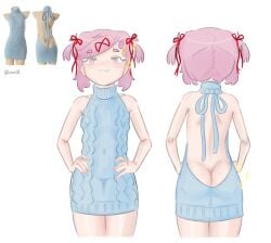 1female 1girls artist_name ass back back_of_head back_view backless_outfit bare_shoulders butt clothes clothing doki_doki_literature_club emiillb fang female front_and_back front_view girl light_blush natsuki_(doki_doki_literature_club) oerba_yun_fang partially_see-through pink_eyes pink_hair see-through see-through_clothing see_through_clothing sweater thigh_gap thighs twitter_username virgin_killer_sweater