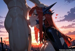 1boy 1girl ai_assisted ai_generated blush bodysuit breasts cloud cosplay curvaceous curvy curvy_female curvy_figure deepthroat dragon_horns erza_scarlet fairy_tail fellatio female from_side heart heart-shaped_pupils hetero large_breasts long_hair miyuai oral outdoors penis red_eyes red_hair sky sunset thick thick_ass thick_butt thick_hips thick_legs thick_thighs turtleneck voluptuous voluptuous_female wide_hips wide_thighs