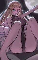 1girl 1girls absurdres black_leotard blonde_hair blue_eyes breasts commentary english_commentary female hair_between_eyes hair_ornament highres jacket kaneko_lumi kaneko_lumi_(4th_costume) large_breasts legs leotard long_hair looking_at_viewer moon open_mouth phase_connect silva_arts solo sparkle_hair_ornament thighs virtual_youtuber vtuber white_jacket
