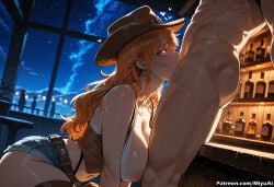1boy 1girl ai_assisted ai_generated artist_name bare_shoulders belt blonde_hair breasts cityscape cleavage cowboy_hat curvaceous curvy curvy_female curvy_figure earrings fellatio female hat hetero indoors jewelry large_breasts long_hair miyuai muscle nami_(one_piece) navel night night_sky nipples one_piece oral red_eyes short_shorts shorts sky star_(sky) starry_sky thick thick_ass thick_butt thick_hips thick_legs thick_thighs voluptuous voluptuous_female wide_hips wide_thighs window