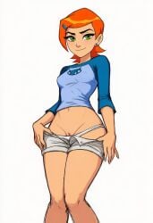 ai_generated ben_10 blue_hair_ornament blue_shirt cookie-girl female_focus green_eyes gwen_tennyson knees_together_feet_apart low-angle_view medium_breasts orange_hair panty_pull pussy pussy_peek shorts_pull simple_background smile solo_female standing teasing_viewer white_background