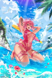 1girl 1girls aa2mee absurdres ahoge animal_ears arm_tattoo armpits arms_behind_head artist_name bird breasts cliff commission ear_piercing el_xox female flower full_body hair_between_eyes heart heart_ahoge highres indie_virtual_youtuber leg_tattoo looking_at_viewer multicolored_eyes nail_polish one-piece_swimsuit open_mouth outdoors palm_tree petals piercing pink_hair pink_one-piece_swimsuit seiza sitting sky solo sunlight swimsuit tattoo thigh_strap thighs tits toes tree underboob virtual_youtuber vtuber water water_gun
