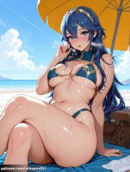 1girl ai_generated alternate_breast_size alternate_costume arlequin097 arm_support bare_shoulders basket beach beach_towel beach_umbrella bikini blue_bikini blue_eyes blue_hair blue_sky blush breasts breath cleavage cloud crossed_legs day feet_out_of_frame fire_emblem fire_emblem_awakening hair_between_eyes heavy_breathing highleg highleg_bikini large_breasts legs lips long_hair looking_at_viewer lucina_(fire_emblem) navel ocean outdoors parted_lips patreon_username picnic_basket sand shiny_skin sitting sky solo stomach sweat swimsuit symbol-shaped_pupils thighs tiara towel umbrella underboob wet