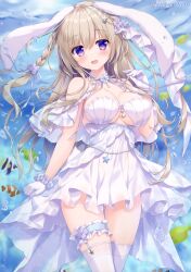 1girl ameto_yuki blonde_hair blush braided_hair breasts detached_sleeves dress fish frilled_panties frilled_skirt frilled_thighhighs frills gloves hair_ornament hair_ribbon highres large_breasts long_hair looking_at_viewer original sea side_braid thigh_strap thighhighs water