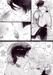 aether_(genshin_impact) blush blushing blushing_male gay gay_male genshin_impact kiss kiss_on_lips kissing male/male rubber_clothing rubbing saliva_on_tongue saliva_string saliva_trail scaramouche_(genshin_impact) sloppy_kiss sloppy_sounds tongue tongue_kiss wanderer_(genshin_impact) yagisanshi
