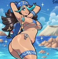 1girls arm_strap arms_behind_head armwear backpack big_ass big_breasts bikini bikini_top black_hair blue_bikini blue_eyes blue_eyeshadow breasts eyeshadow female female_only game_freak hair_over_one_eye headband headwear hips lips long_hair mature mature_female mature_woman pokeball pokemon pokemon_oras samario shelly_(pokemon) shelly_(pokemon_oras) smile solo solo_female sparkles swimwear thick_thighs thigh_strap thighs wide_hips
