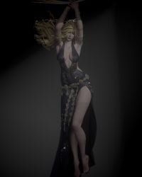3d 3d_model 3d_render armpits arms_up artist_request bare_legs bare_thighs barefoot blonde blonde-haired_female blonde_female blonde_hair blonde_hair_female bracelet bracelets child_bearing_hips cleavage cleavage_cutout cleavage_dress elden_ring feet floating_hair full_body golden_eyes hourglass_figure hourglass_figured_female long_hair looking_at_viewer medium_breasts pale-skinned_female pale_skin posing posing_for_picture posing_for_the_viewer queen queen_marika_the_eternal sideboob slim_waist tagme thick_thighs video_game_character wide_hips