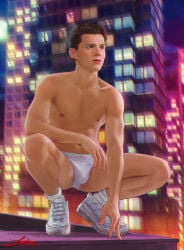 boxers bulge celebrity city city_background male male_only marvel marvel_cinematic_universe marvel_comics night night_sky peter_parker seductive spider-man spider-man_(series) squat squatting tighty_whities tom_holland toned toned_body underwear white_underwear zane_nox