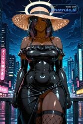 1girl ai_assisted ai_generated armor bare_shoulders black_bodysuit city cityscape clouds cowboy_shot crotchless curvy dark_skinned_female dark_theme detailed_pussy elbow_gloves fishnets frills gloves green_eyes hair_over_one_eye high_contrast kagami_hirotaka koukawa_oboro long_black_hair looking_at_viewer mature_female medium_breasts neon_lights night night_sky off_shoulder_dress outdoors soft_shading sun_hat sundress taimanin_asagi_zero taimanin_suit thick_thighs thigh_gap very_dark_skin visible_pussy