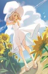 1girl 1girls absurdres blue_eyes blue_sky breasts cloud dress feet female flat_chest flower hakimen hat highres legs looking_at_viewer marimari_en outdoors phase_connect sandals see-through_clothes see-through_dress see-through_silhouette short_eyebrows side_ponytail sky small_breasts smile solo standing sun_hat sunflower thighs virtual_youtuber vtuber white_dress white_hat