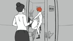 1boy 2girls all_fours angry animated business_suit caught_in_the_act chubby chubby_female clarissa_(kostos) gif huge_ass kostos_art looking_at_another looking_at_viewer office_clothing office_lady opening_door original red_hair sex spot_color tagme video walked_in_on