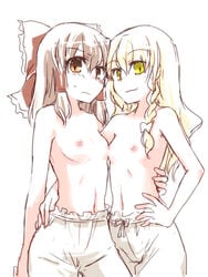 2girls blonde_hair bloomers bloomers_(victorian) breast_press female flat_chest hand_on_hip hips human japanese_clothes marisa_kirisame miko mizuki_riko nipples red_eyes reimu_hakurei ribbon symmetrical_docking topless touhou yuri