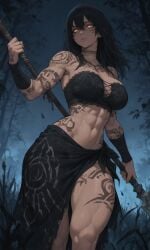 1girl ai_generated bandeau bigbizarts curvy_figure dark_hair holding_weapon sarong spear tan_skin toned_female tribal_female tribal_markings yellow_eyes