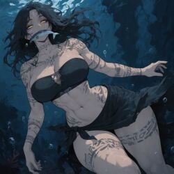1girl ai_generated bandeau bigbizarts curvy_figure dark_hair fish_in_mouth sarong tan_skin toned_female tribal_female tribal_markings underwear yellow_eyes